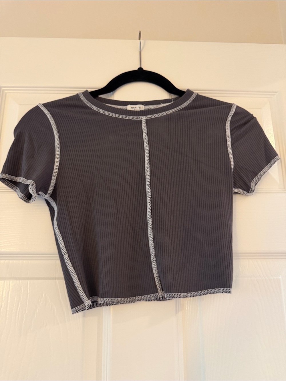Garage Charcoal Ribbed Contrast-Stitch Crop Top